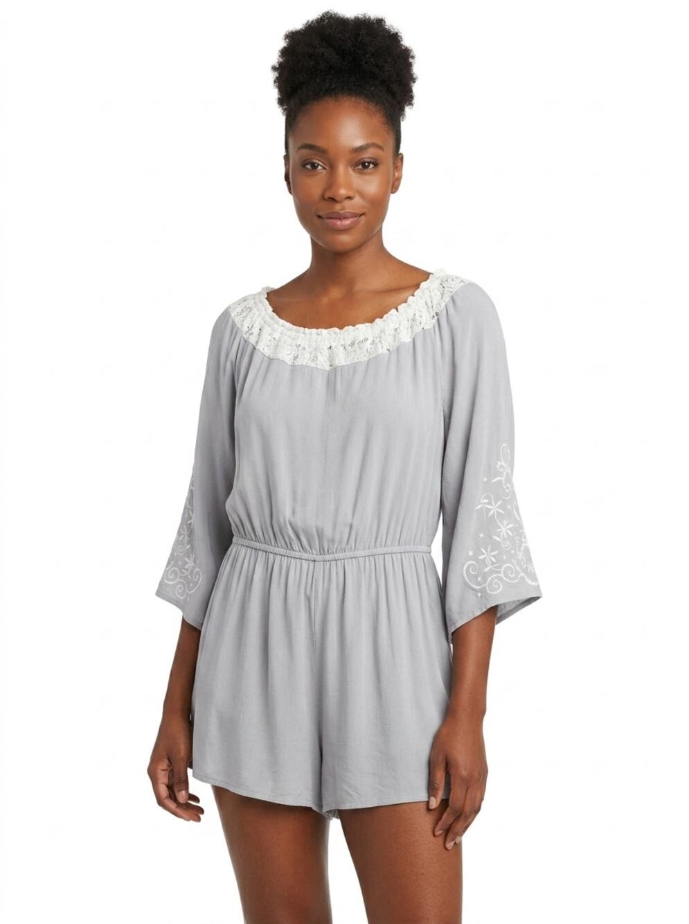 Kori America Gray Scoop Neck Lace Embroidered Romper Women Size M